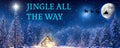 Jingle all the way - A winter wonderland Christmas scene, with a log cabin, Santa\'s slay, north star and reindeer silhouette