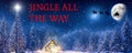 Jingle all the way - A winter wonderland Christmas scene, with a log cabin, Santa\'s slay, north star and reindeer silhouette