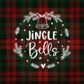 Jingle bells Christmas greeting card, invitation with fir tree wreath, bell and falling snow. Hand lettered white text Royalty Free Stock Photo