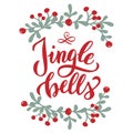 Jingle bells Christmas postcard. Handwritten lettering phrase. New year text quote, christmas traditional song phrase. Greeting