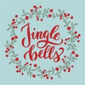 Jingle bells lettering phrase. Handwritten Christmas postcard. New year text quote, christmas traditional song phrase. Greeting