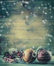 Jingle Bells pine branches Christmas decoration in the snow atmosphere. Royalty Free Stock Photo