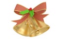 Jingle Christmas golden bells with a red ribbon bow. 3d illustration