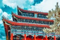 Jingshan Park, Pavilion of Everlasting Spring Wanchun ting, near the Forbidden City, Beijing.Inscription translate- Royalty Free Stock Photo