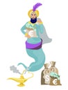 Jinn flies out of the lamp, in the hands of wealth, money, dollars. In minimalist style. Cartoon flat raster