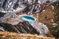 Jinvali Water Reservoir blue lake in Caucasian Mountain in winter. Cross Pass in Georgia. Gudauri District. Source of Aragvi River