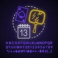 Jinx neon light concept icon. Magic and superstition idea. Glowing sign with alphabet, numbers and symbols. Broken Royalty Free Stock Photo