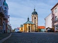 Jirkov, Czech republic - October 22, 2019: historical church in Kostelni street in centre of autumnal city