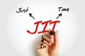 JIT Just in time - inventory management method in which goods are received from suppliers only as they are needed, acronym text Royalty Free Stock Photo