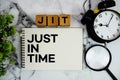 JIT Just In Time text with alarm clock and magnifying glass on marble background Royalty Free Stock Photo