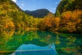 Jiuzhaigou , Unesco nature reserve and national park during autumn in Ngawa Tibetan and Qiang in Sichuan , China : 17 October 2023 Royalty Free Stock Photo