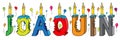 Joaquin male first name bitten colorful 3d lettering birthday cake with candles and balloons