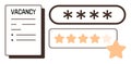 Job application process with vacancy announcement, password security, and star rating highlight Royalty Free Stock Photo