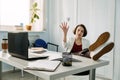 Job burnout, Tired businesswoman throws crumpled papers into bin on table
