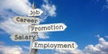 Job, career, promotion, salary, employment - wooden signpost with five arrows