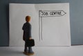 Job centre handdrawn guidance arrow, visit a job center, unemployed miniature man