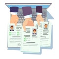 Job competition. Candidates hold cv resume. Online male cv application