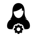 Job icon vector female person profile avatar with gear cogwheel for settings and configuration in flat color glyph pictogram Royalty Free Stock Photo