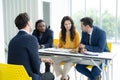 Job interview concept. Diverse hr team doing job interview with a man in business office. Human resources team interviewing a Royalty Free Stock Photo
