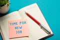 Job interview concept . Office table top view. Notepad, pen and reminder with word