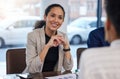 Job interview, happy and woman in office for business meeting, discussion and networking with candidate. We are hiring Royalty Free Stock Photo