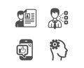 Job interview, Mobile like and Third party icons. Engineering sign. Cv file, Phone thumbs up, Team leader. Vector