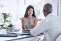 Job interview, recruitment and black man and black woman talking, having conversation and discussion. Management, boss Royalty Free Stock Photo
