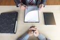 Job interview, Young attractive executives man reading his resume, work history of applicant in a clipboard, colloquy dream, Ski Royalty Free Stock Photo