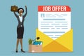 Job offer document in huge yellow envelope. Happy african american female employee holds briefcase. New staff, box with office