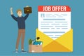 Job offer document in huge yellow envelope. Happy caucasian male employee holds briefcase. New staff, box with office things