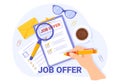 Job offer vector illustration with businessman recruitment search, start career and vacancy at a company in flat cartoon