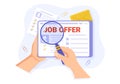 Job offer vector illustration with businessman recruitment search, start career and vacancy at a company in flat cartoon