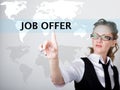 Job offer written in search bar on virtual screen. Internet technologies in business and home. woman in business suit Royalty Free Stock Photo