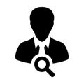 Job opportunity icon vector male user person profile avatar with magnifying glass symbol in flat color glyph pictogram Royalty Free Stock Photo