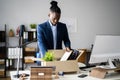 Job Quit. Employee Holding Cardboard Box