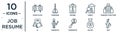 job.resume linear icon set. includes thin line chess clock, resume, company structure, candidate, salary, quit, hi icons for