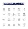 Job safety collection line vector icons and signs. work, safety, worker, helmet, industrial, equipment, set,industry