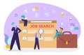 Job search, career recruitment at internet, vector illustration, flat tiny man woman character look for hiring