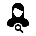 Job search icon vector female user person profile avatar symbol with magnifying glass in flat color glyph pictogram Royalty Free Stock Photo