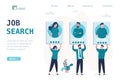 Job search landing page template. Group of various candidates hold resumes. Job seekers with cv. Unemployment, global crisis