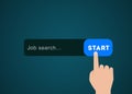 Job Search online Concept. hand Touching touchscreen Button with search banner on blue dark background. new opportunity and jobs