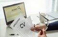 Job seeker in home office. Motivated applicant. Modern job hunting, seeking and employment. Man reading his cv or curriculum vitae Royalty Free Stock Photo