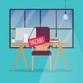 Job vacancy. Office desk with chair, computer and Vacant sign ha Royalty Free Stock Photo