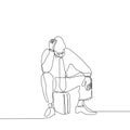 Jobless man feeling sad and depressed. Continuous line art drawing illustration