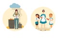 Jobless woman finds new job as maid, people before and after employment, vector illustration Royalty Free Stock Photo