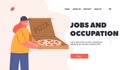 Jobs and Occupation Landing Page Template. Young Girl Wear Courier Uniform Holding Box with Pizza, Teenager Profession