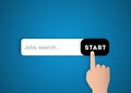 Jobs Search online Concept. Hand Touching touchscreen Button with search banner on blue background. new opportunity and job