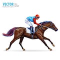 Jockey on horse. Champion. Horse racing. Hippodrome. Racetrack. Jump racetrack. Horse riding. Vector illustration