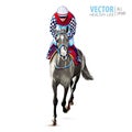 Jockey on horse. Champion. Horse racing. Hippodrome. Racetrack. Jump racetrack. Horse riding. Racing horse coming first