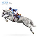 Jockey on horse. Champion. Horse riding. Equestrian sport. Jockey riding jumping horse. Poster. Sport background